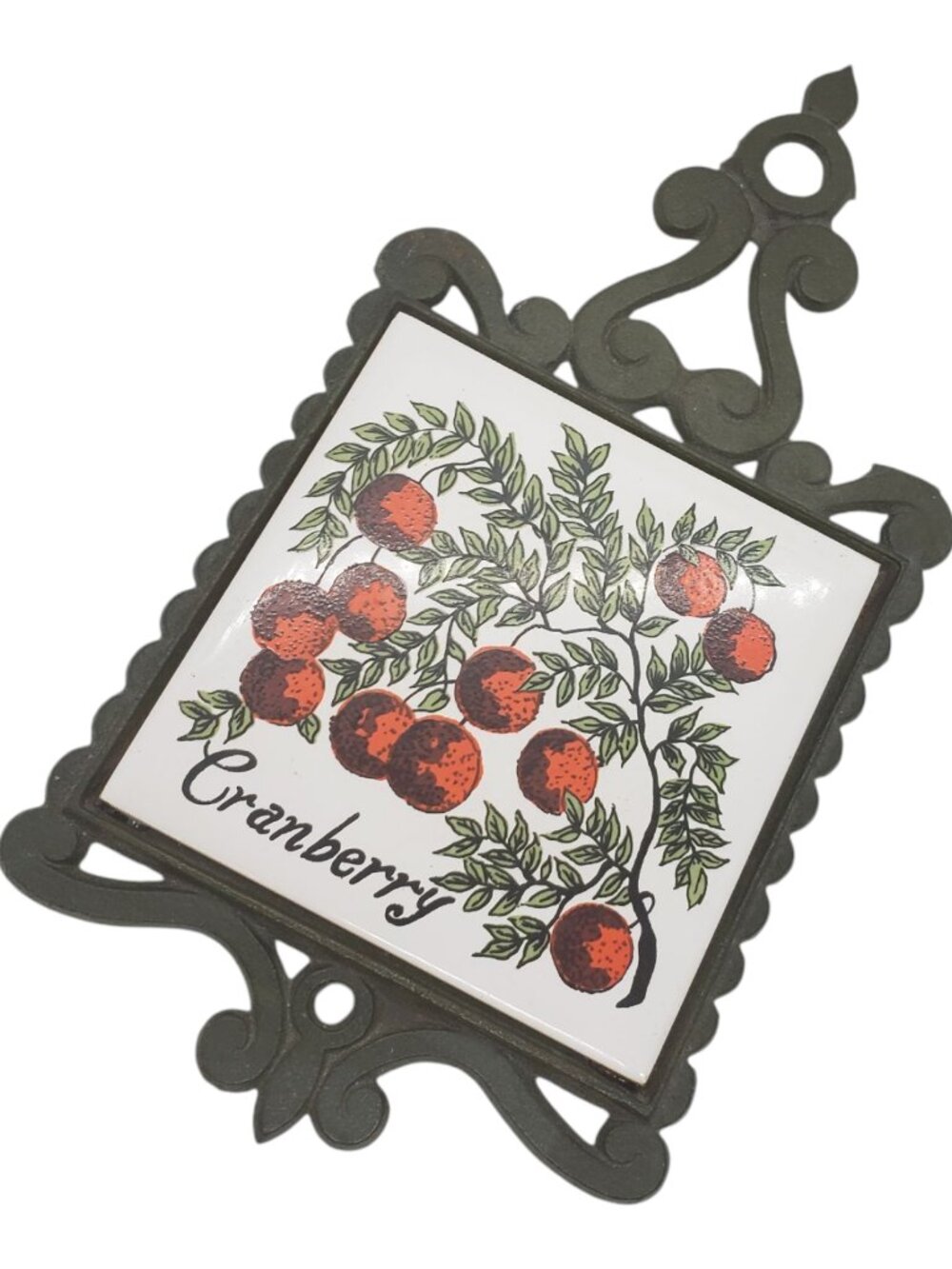 Vintage Cranberry Theme Ceramic Tile Trivet w Metal Frame Hanging Tabletop Fall